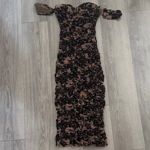 NWOT Elegant Black and Brown Floral Off-Shoulder Dress